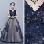 Chic / Beautiful Navy Blue Flower Girl Dresses 2019 A-Line / Princess V-Neck Sleeveless Appliques Lace Sweep Train Ruffle Backless Wedding Party Dresses