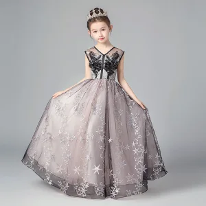 Chic Belle Noire Rougissant Rose Robe Ceremonie Fille 2019 Princesse V Cou Sans Manches Étoile Appliques En Dentelle Longue Volants Dos Nu Robe Pour Mariage