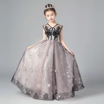 Chic Belle Noire Rougissant Rose Robe Ceremonie Fille 2019 Princesse V Cou Sans Manches Étoile Appliques En Dentelle Longue Volants Dos Nu Robe Pour Mariage