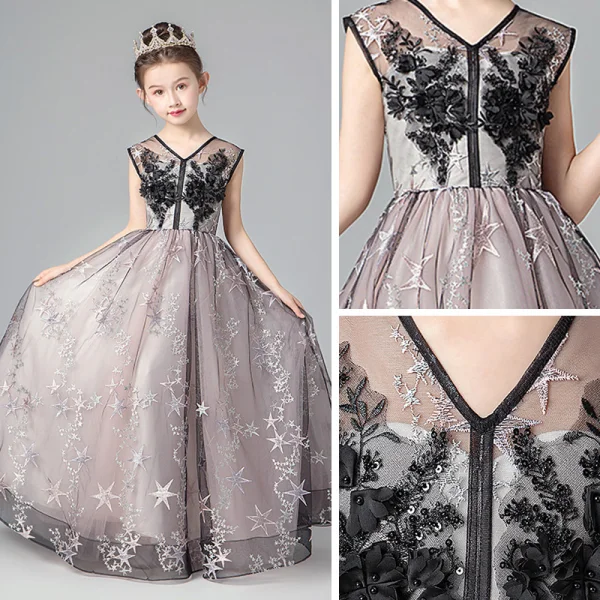 Schöne Schwarz Rosa Blumenmädchenkleider 2019 A Linie V-Ausschnitt Ärmellos Star Applikationen Spitze Lange Rüschen Rückenfreies Kleider Für Hochzeit