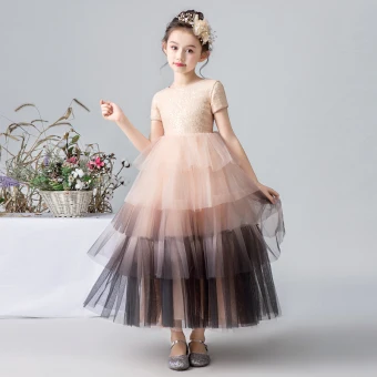 Elegant Pearl Pink Gradient Color Flower Girl Dresses 2019 Ball Gown Scoop Neck Short Sleeve Sequins Ankle Length Cascading Ruffles Wedding Party Dresses