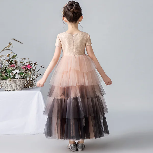 Elegant Pearl Pink Gradient-Color Flower Girl Dresses 2019 Ball Gown Scoop Neck Short Sleeve Sequins Ankle Length Cascading Ruffles Wedding Party Dresses