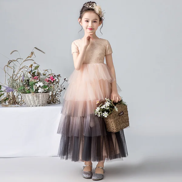 Elegant Pearl Pink Gradient-Color Flower Girl Dresses 2019 Ball Gown Scoop Neck Short Sleeve Sequins Ankle Length Cascading Ruffles Wedding Party Dresses