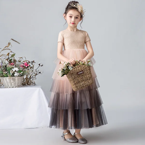Elegant Pearl Pink Gradient-Color Flower Girl Dresses 2019 Ball Gown Scoop Neck Short Sleeve Sequins Ankle Length Cascading Ruffles Wedding Party Dresses