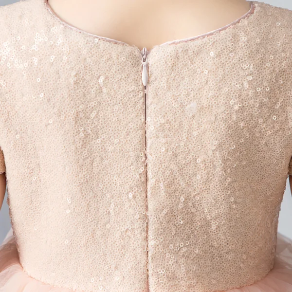 Elegant Pearl Pink Gradient-Color Flower Girl Dresses 2019 Ball Gown Scoop Neck Short Sleeve Sequins Ankle Length Cascading Ruffles Wedding Party Dresses
