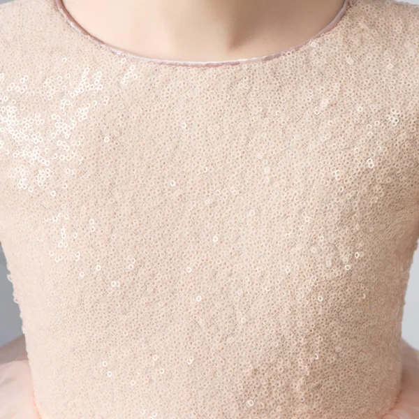 Elegant Pearl Pink Gradient-Color Flower Girl Dresses 2019 Ball Gown Scoop Neck Short Sleeve Sequins Ankle Length Cascading Ruffles Wedding Party Dresses