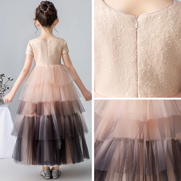 Elegant Pearl Pink Gradient-Color Flower Girl Dresses 2019 Ball Gown Scoop Neck Short Sleeve Sequins Ankle Length Cascading Ruffles Wedding Party Dresses