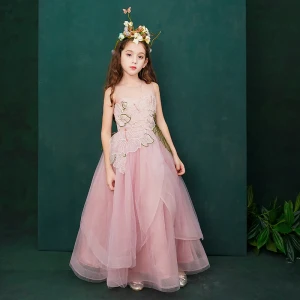 Fée Des Fleurs Rose Bonbon Transparentes Robe Ceremonie Fille 2019 Princesse Encolure Dégagée Sans Manches Appliques En Dentelle Fleur Faux Diamant Longue Volants Robe Pour Mariage