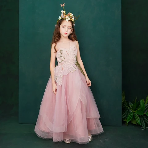 Blumenfee Pink Durchsichtige Blumenmädchenkleider 2019 A Linie Rundhalsausschnitt Ärmellos Applikationen Spitze Blumen Strass Lange Rüschen Kleider Für Hochzeit