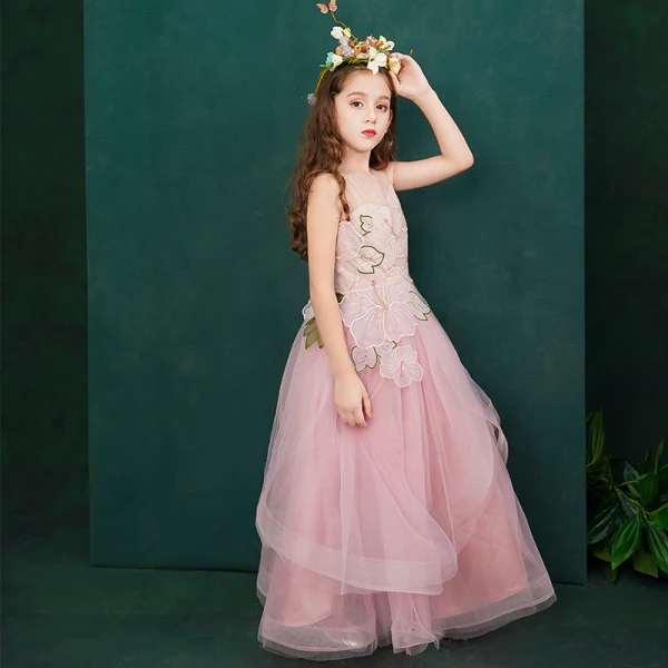 Flower Fairy Candy Pink See-through Flower Girl Dresses 2019 A-Line / Princess Scoop Neck Sleeveless Appliques Lace Flower Rhinestone Floor-Length / Long Ruffle Wedding Party Dresses