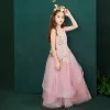 Fée Des Fleurs Rose Bonbon Transparentes Robe Ceremonie Fille 2019 Princesse Encolure Dégagée Sans Manches Appliques En Dentelle Fleur Faux Diamant Longue Volants Robe Pour Mariage