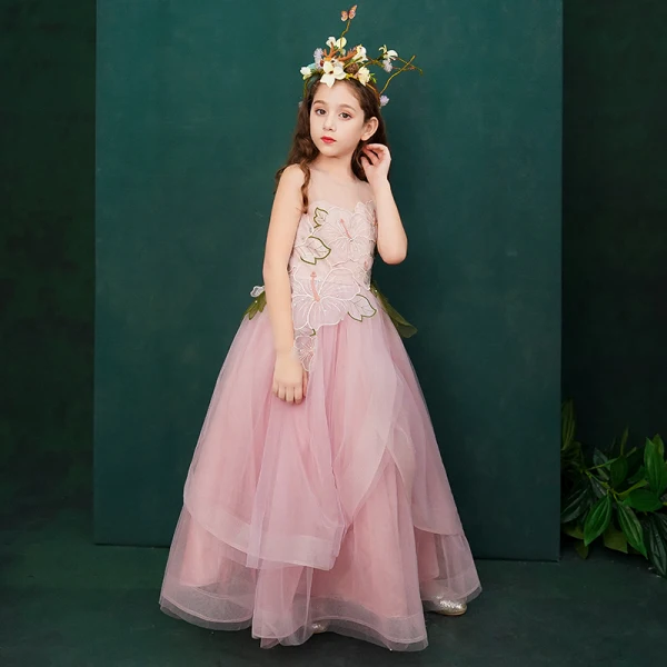 Flower Fairy Candy Pink See-through Flower Girl Dresses 2019 A-Line / Princess Scoop Neck Sleeveless Appliques Lace Flower Rhinestone Floor-Length / Long Ruffle Wedding Party Dresses