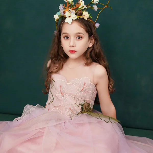 Flower Fairy Candy Pink See-through Flower Girl Dresses 2019 A-Line / Princess Scoop Neck Sleeveless Appliques Lace Flower Rhinestone Floor-Length / Long Ruffle Wedding Party Dresses