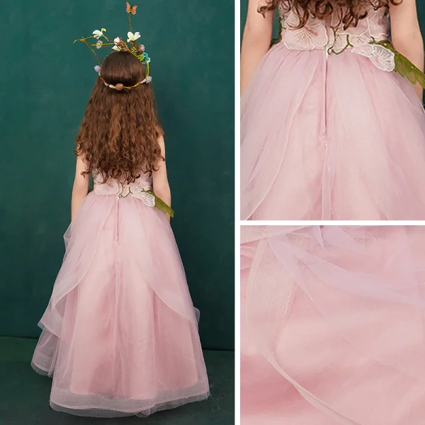 Flower Fairy Candy Pink See-through Flower Girl Dresses 2019 A-Line / Princess Scoop Neck Sleeveless Appliques Lace Flower Rhinestone Floor-Length / Long Ruffle Wedding Party Dresses