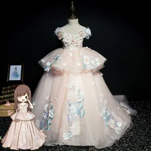 Luxe Perle Rose Robe Ceremonie Fille 2019 Robe Boule V Cou Manches Courtes Appliques En Dentelle Perlage Perle Paillettes Train De Balayage Volants Dos Nu Robe Pour Mariage