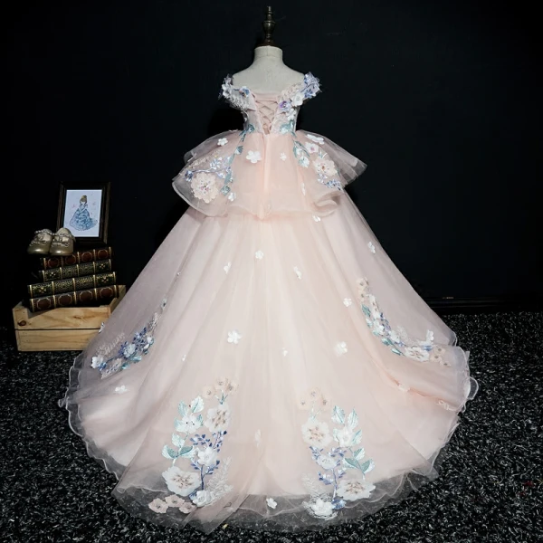 Luxury / Gorgeous Pearl Pink Flower Girl Dresses 2019 Ball Gown V-Neck Short Sleeve Appliques Lace Beading Pearl Sequins Sweep Train Ruffle Backless Wedding Party Dresses