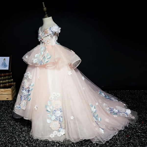 Luxury / Gorgeous Pearl Pink Flower Girl Dresses 2019 Ball Gown V-Neck Short Sleeve Appliques Lace Beading Pearl Sequins Sweep Train Ruffle Backless Wedding Party Dresses