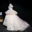 Luxury / Gorgeous Pearl Pink Flower Girl Dresses 2019 Ball Gown V-Neck Short Sleeve Appliques Lace Beading Pearl Sequins Sweep Train Ruffle Backless Wedding Party Dresses