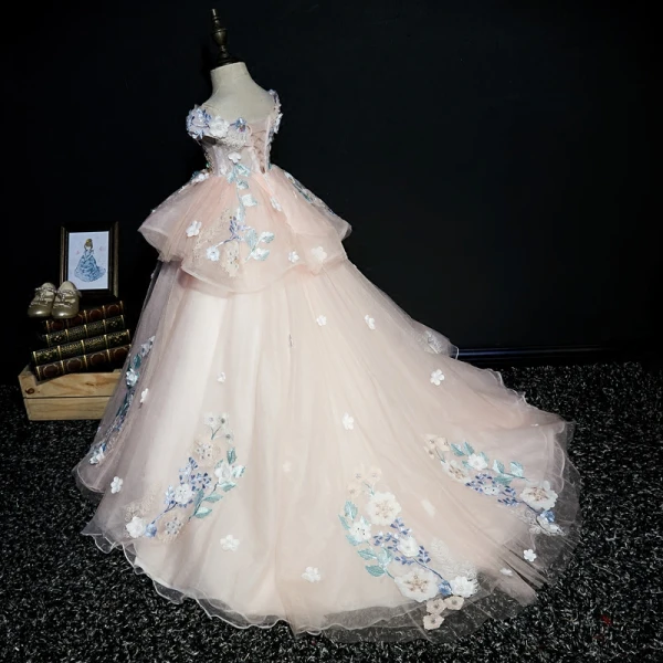 Luxury / Gorgeous Pearl Pink Flower Girl Dresses 2019 Ball Gown V-Neck Short Sleeve Appliques Lace Beading Pearl Sequins Sweep Train Ruffle Backless Wedding Party Dresses