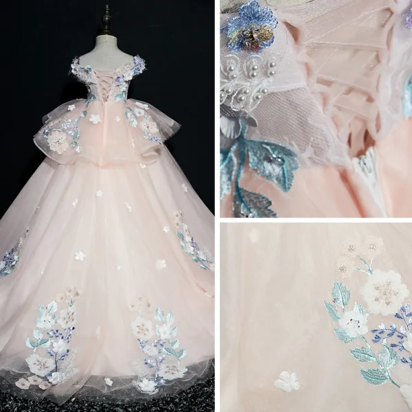 Luxury / Gorgeous Pearl Pink Flower Girl Dresses 2019 Ball Gown V-Neck Short Sleeve Appliques Lace Beading Pearl Sequins Sweep Train Ruffle Backless Wedding Party Dresses