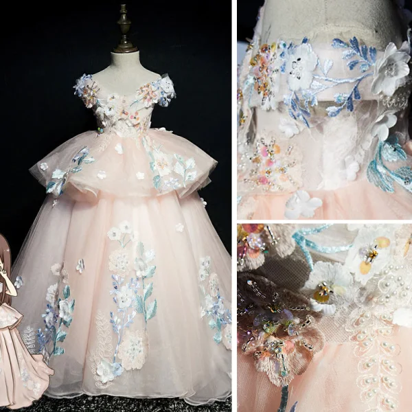 Luxury / Gorgeous Pearl Pink Flower Girl Dresses 2019 Ball Gown V-Neck Short Sleeve Appliques Lace Beading Pearl Sequins Sweep Train Ruffle Backless Wedding Party Dresses