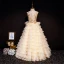 Luxury / Gorgeous Champagne Flower Girl Dresses 2019 A-Line / Princess Scoop Neck Sleeveless Appliques Lace Pearl Rhinestone Floor-Length / Long Cascading Ruffles Backless Wedding Party Dresses