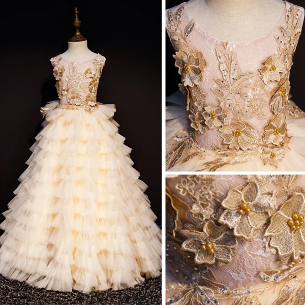 Luxury / Gorgeous Champagne Flower Girl Dresses 2019 A-Line / Princess Scoop Neck Sleeveless Appliques Lace Pearl Rhinestone Floor-Length / Long Cascading Ruffles Backless Wedding Party Dresses