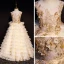 Luxury / Gorgeous Champagne Flower Girl Dresses 2019 A-Line / Princess Scoop Neck Sleeveless Appliques Lace Pearl Rhinestone Floor-Length / Long Cascading Ruffles Backless Wedding Party Dresses