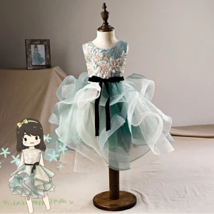 Elegant Green Flower Girl Dresses 2019 Ball Gown Scoop Neck Sleeveless Appliques Sequins Tea Length Cascading Ruffles Backless Wedding Party Dresses