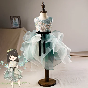 Elegant Green Flower Girl Dresses 2019 Ball Gown Scoop Neck Sleeveless Appliques Sequins Tea Length Cascading Ruffles Backless Wedding Party Dresses