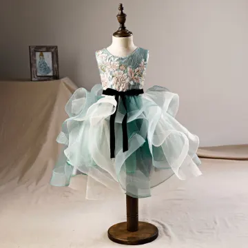 Elegante Groen Bloemenmeisjes Jurken 2019 Baljurk Ronde Hals Mouwloos Appliques Pailletten Tea Length Cascading Ruches Ruglooze Jurken Voor Bruiloft