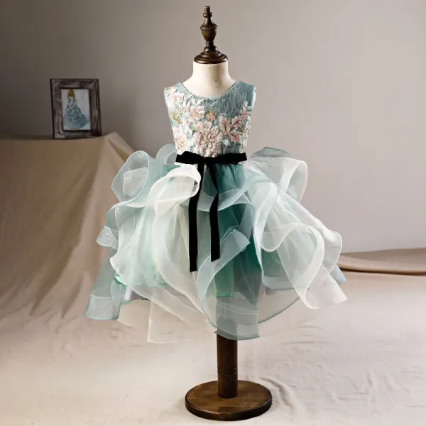 Elegant Green Flower Girl Dresses 2019 Ball Gown Scoop Neck Sleeveless Appliques Sequins Tea-length Cascading Ruffles Backless Wedding Party Dresses