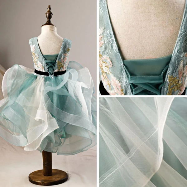 Elegant Green Flower Girl Dresses 2019 Ball Gown Scoop Neck Sleeveless Appliques Sequins Tea-length Cascading Ruffles Backless Wedding Party Dresses