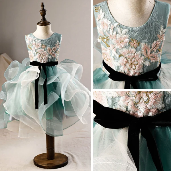 Elegant Green Flower Girl Dresses 2019 Ball Gown Scoop Neck Sleeveless Appliques Sequins Tea-length Cascading Ruffles Backless Wedding Party Dresses
