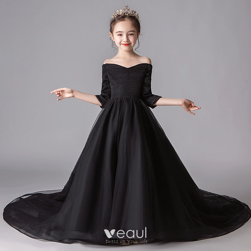 Romantic Black Gradient-Color Flower Girl Dresses 2019 A-Line / Princess  Off-The-Shoulder Puffy 3/4 Sleeve Sequins Glitter Tulle Floor-Length / Long  Ruffle Backless Wedding Party Dresses
