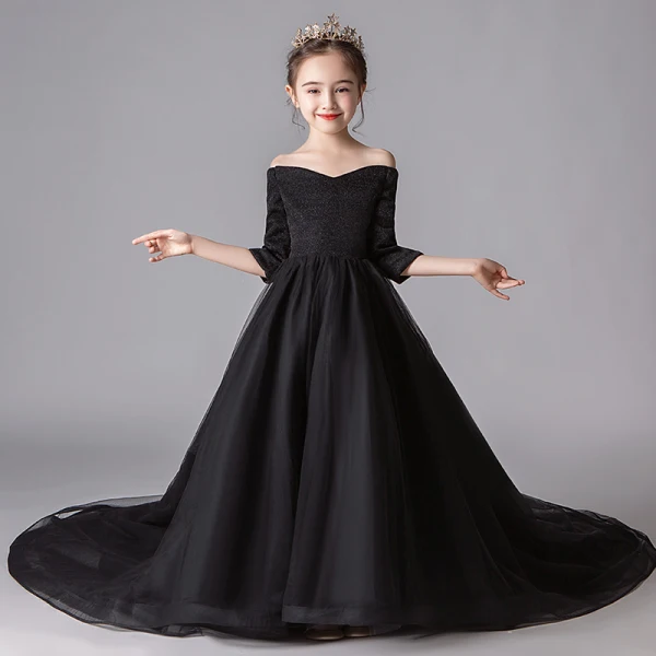 Modest / Simple Black Flower Girl Dresses 2019 A-Line / Princess Off-The-Shoulder 3/4 Sleeve Glitter Polyester Chapel Train Ruffle Backless Wedding Modest / Simple Black Flower Girl Dresses 2019 A-Line / Princess Off-The-Shoulder 3/4 Sleeve Glitter Polyester Chapel Train Ruffle Backless Wedding