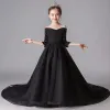 Modest / Simple Black Flower Girl Dresses 2019 A-Line / Princess Off-The-Shoulder 3/4 Sleeve Glitter Polyester Chapel Train Ruffle Backless Wedding Party Dresses