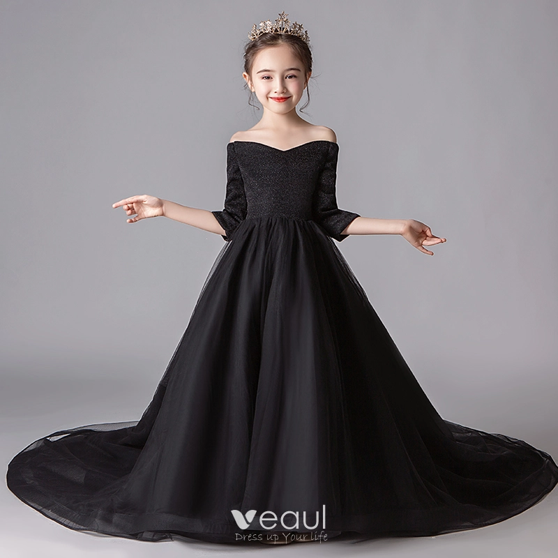 Modest / Simple Black Flower Girl Dresses 2019 A-Line / Princess Off-The-Shoulder 3/4 Sleeve Glitter Polyester Chapel Train Ruffle Backless Wedding