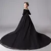 Modest / Simple Black Flower Girl Dresses 2019 A-Line / Princess Off-The-Shoulder 3/4 Sleeve Glitter Polyester Chapel Train Ruffle Backless Wedding Party Dresses