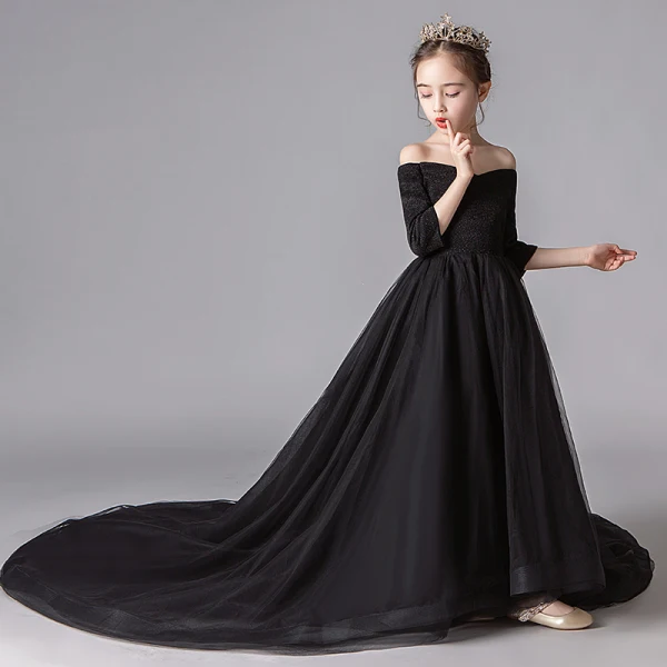Modest / Simple Black Flower Girl Dresses 2019 A-Line / Princess Off-The-Shoulder 3/4 Sleeve Glitter Polyester Chapel Train Ruffle Backless Wedding Party Dresses