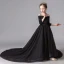 Modest / Simple Black Flower Girl Dresses 2019 A-Line / Princess Off-The-Shoulder 3/4 Sleeve Glitter Polyester Chapel Train Ruffle Backless Wedding Party Dresses