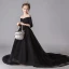 Modest / Simple Black Flower Girl Dresses 2019 A-Line / Princess Off-The-Shoulder 3/4 Sleeve Glitter Polyester Chapel Train Ruffle Backless Wedding Party Dresses