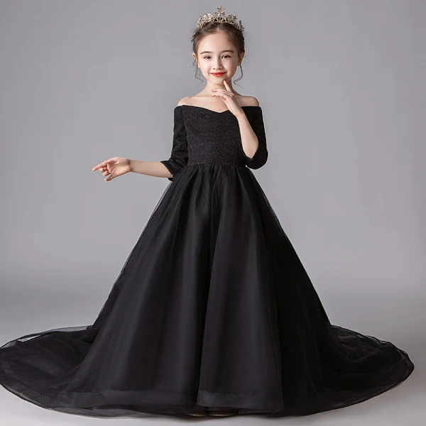 Modest / Simple Black Flower Girl Dresses 2019 A-Line / Princess Off-The-Shoulder 3/4 Sleeve Glitter Polyester Chapel Train Ruffle Backless Wedding Party Dresses