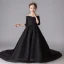 Modest / Simple Black Flower Girl Dresses 2019 A-Line / Princess Off-The-Shoulder 3/4 Sleeve Glitter Polyester Chapel Train Ruffle Backless Wedding Party Dresses