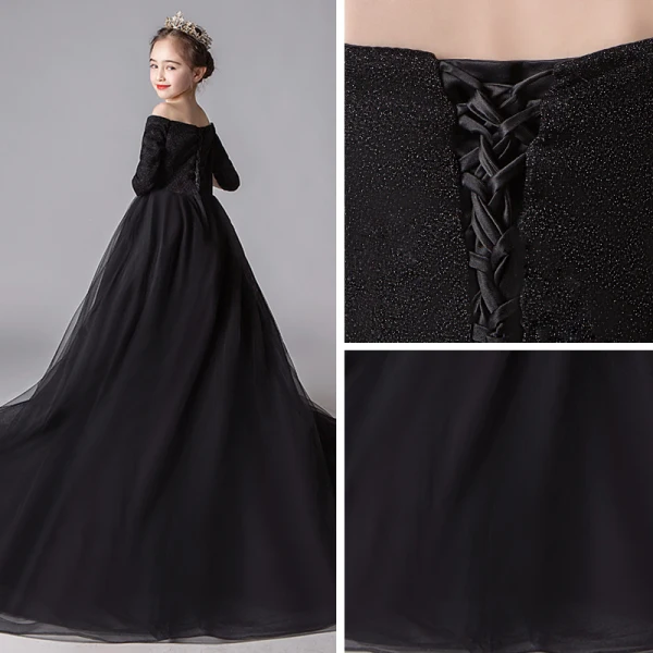 Modest / Simple Black Flower Girl Dresses 2019 A-Line / Princess Off-The-Shoulder 3/4 Sleeve Glitter Polyester Chapel Train Ruffle Backless Wedding Party Dresses