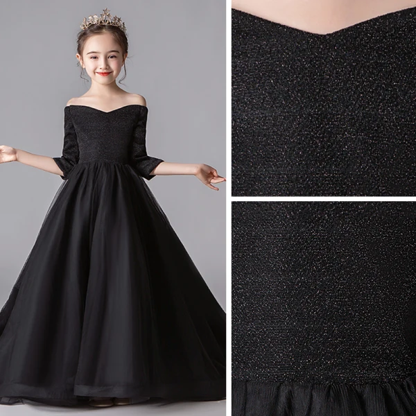 Modest / Simple Black Flower Girl Dresses 2019 A-Line / Princess Off-The-Shoulder 3/4 Sleeve Glitter Polyester Chapel Train Ruffle Backless Wedding Party Dresses