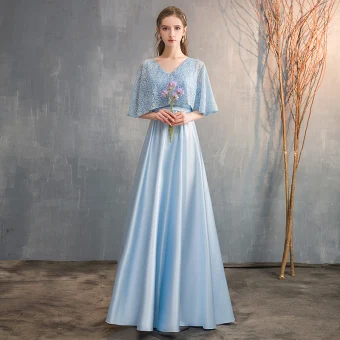 Chic Beautiful Sky Blue Satin Bridesmaid Dresses 2019 A Line Princess V Neck 1 2 Sleeves Sash Beading Floor Length Long Ruffle Wedding Party Dresses