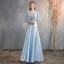 Chic / Beautiful Sky Blue Satin Bridesmaid Dresses 2019 A-Line / Princess V-Neck 1/2 Sleeves Sash Beading Floor-Length / Long Ruffle Wedding Party Dresses