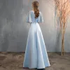 Chic / Beautiful Sky Blue Satin Bridesmaid Dresses 2019 A-Line / Princess V-Neck 1/2 Sleeves Sash Beading Floor-Length / Long Ruffle Wedding Party Dresses