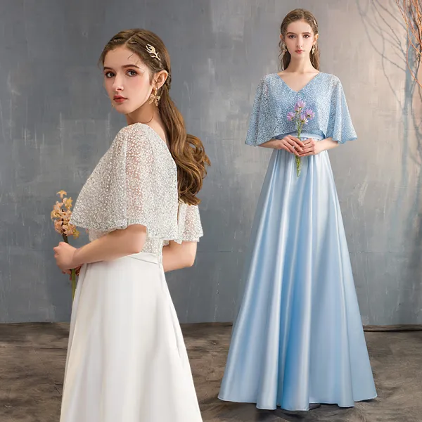 Chic / Beautiful Sky Blue Satin Bridesmaid Dresses 2019 A-Line ...